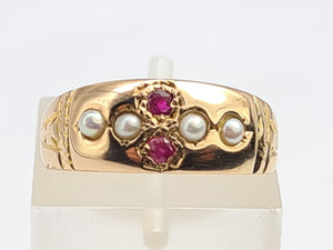 3250: Antique 1890: 15ct Gold Rubies Pearls Dress Ring- 134 years old