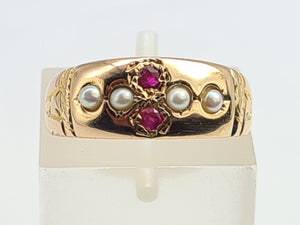 3250: Antique 1890: 15ct Gold Rubies Pearls Dress Ring- 134 years old