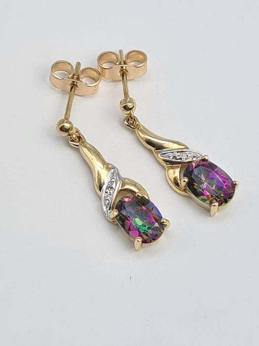 6200: Vintage: 9ct Gold Caribbean Topaz Diamonds Drop/Dangle Stud Earrings