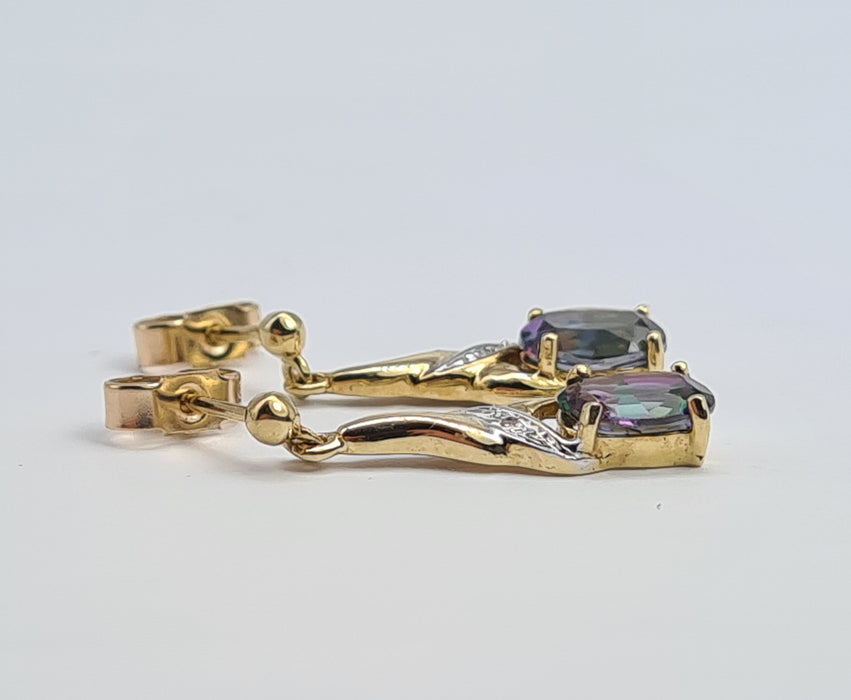 6200: Vintage: 9ct Gold Caribbean Topaz Diamonds Drop/Dangle Stud Earrings
