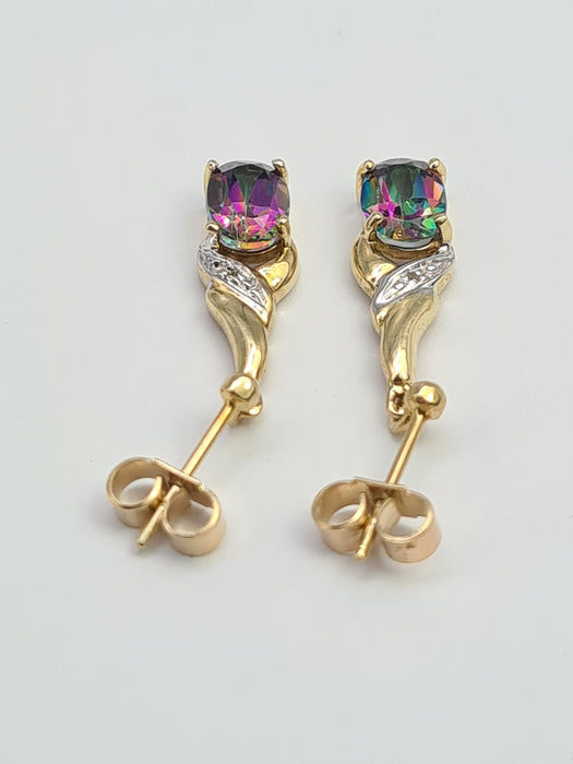 6200: Vintage: 9ct Gold Caribbean Topaz Diamonds Drop/Dangle Stud Earrings