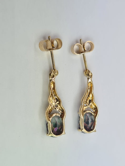6200: Vintage: 9ct Gold Caribbean Topaz Diamonds Drop/Dangle Stud Earrings
