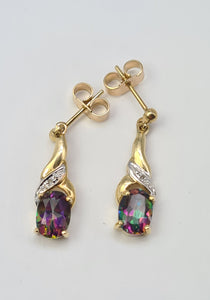 A7607: Vintage: 9ct Gold Caribbean Topaz Diamonds Drop/Dangle Stud Earrings - Elegant ear candy