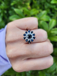 7630: Vintage; 18ct White Gold 11 Blue Sapphires 10 Diamonds Cocktail Ring- lovely symmetry - substantial beauty