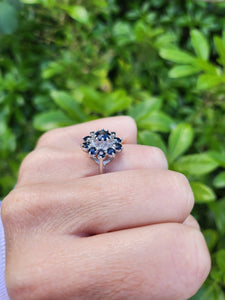 7630: Vintage; 18ct White Gold 11 Blue Sapphires 10 Diamonds Cocktail Ring- lovely symmetry - substantial beauty