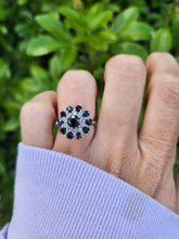 Load image into Gallery viewer, 7630: Vintage; 18ct White Gold 11 Blue Sapphires 10 Diamonds Cocktail Ring- lovely symmetry - substantial beauty
