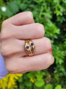 7593: Vintage: (1971) 9ct Gold Double Snakes Garnets Ring- 53 years old- Hiss or Hers?