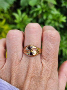 7593: Vintage: (1971) 9ct Gold Double Snakes Garnets Ring- 53 years old- Hiss or Hers?