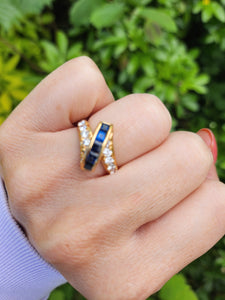 7635: Vintage: Exquisite 18ct Gold Royal Blue Sapphires Diamonds (0.70ct) Cocktail Ring- outrageous beauty, striking design-