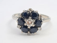 Load image into Gallery viewer, 7631:Vintage Exceptional; 18ct White Gold French Blue Sapphires 7 Diamonds Flower Head Ring- beautiful sparkling symmetry
