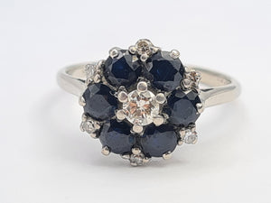 7631:Vintage Exceptional; 18ct White Gold French Blue Sapphires 7 Diamonds Flower Head Ring- beautiful sparkling symmetry