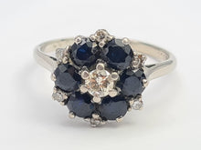 Load image into Gallery viewer, 7631:Vintage Exceptional; 18ct White Gold French Blue Sapphires 7 Diamonds Flower Head Ring- beautiful sparkling symmetry
