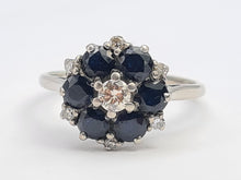 Load image into Gallery viewer, 7631:Vintage Exceptional; 18ct White Gold French Blue Sapphires 7 Diamonds Flower Head Ring- beautiful sparkling symmetry
