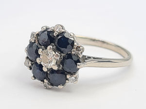 7631:Vintage Exceptional; 18ct White Gold French Blue Sapphires 7 Diamonds Flower Head Ring- beautiful sparkling symmetry