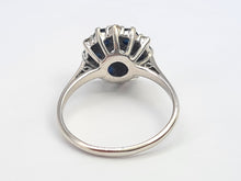 Load image into Gallery viewer, 7631:Vintage Exceptional; 18ct White Gold French Blue Sapphires 7 Diamonds Flower Head Ring- beautiful sparkling symmetry
