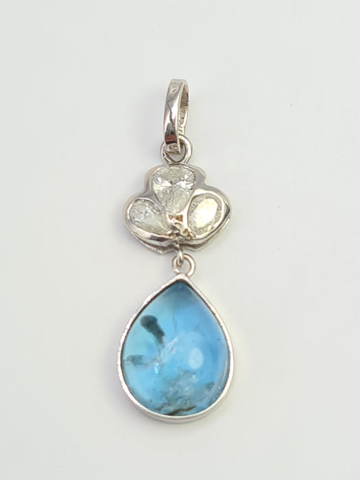 6494 Vintage: 9ct White Gold 6.01ct Aquamarine & 0.80ct Diamond Drop Pendant