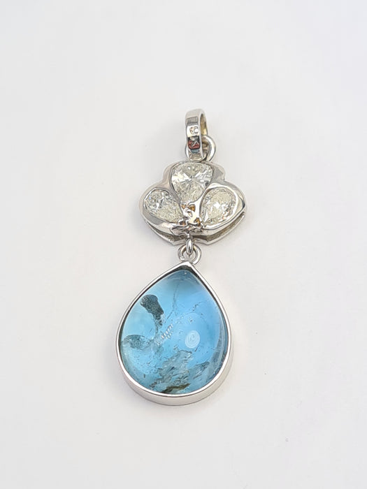 6494 Vintage: 9ct White Gold 6.01ct Aquamarine & 0.80ct Diamond Drop Pendant