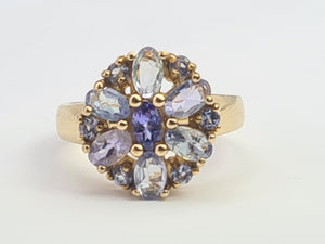 7667: Vintage & Rare 9ct Gold Mixed Blue Tanzanites Flower Head Ring- exquisite, statement