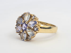 7667: Vintage & Rare 9ct Gold Mixed Blue Tanzanites Flower Head Ring- exquisite, statement