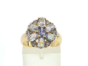 7667: Vintage & Rare 9ct Gold Mixed Blue Tanzanites Flower Head Ring- exquisite, statement