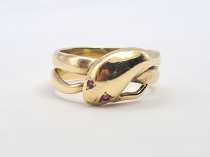 A7695: Vintage; Heavy Ruby Eyed 9ct Gold Snake Ring- Hallmarked in 1965- Ssssplendid