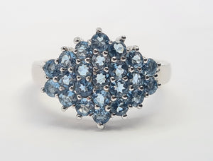 A7697: Vintage & Rare: 9ct White Gold 23 Blue Aquamarines geometric Set Cocktail Ring- a sensation