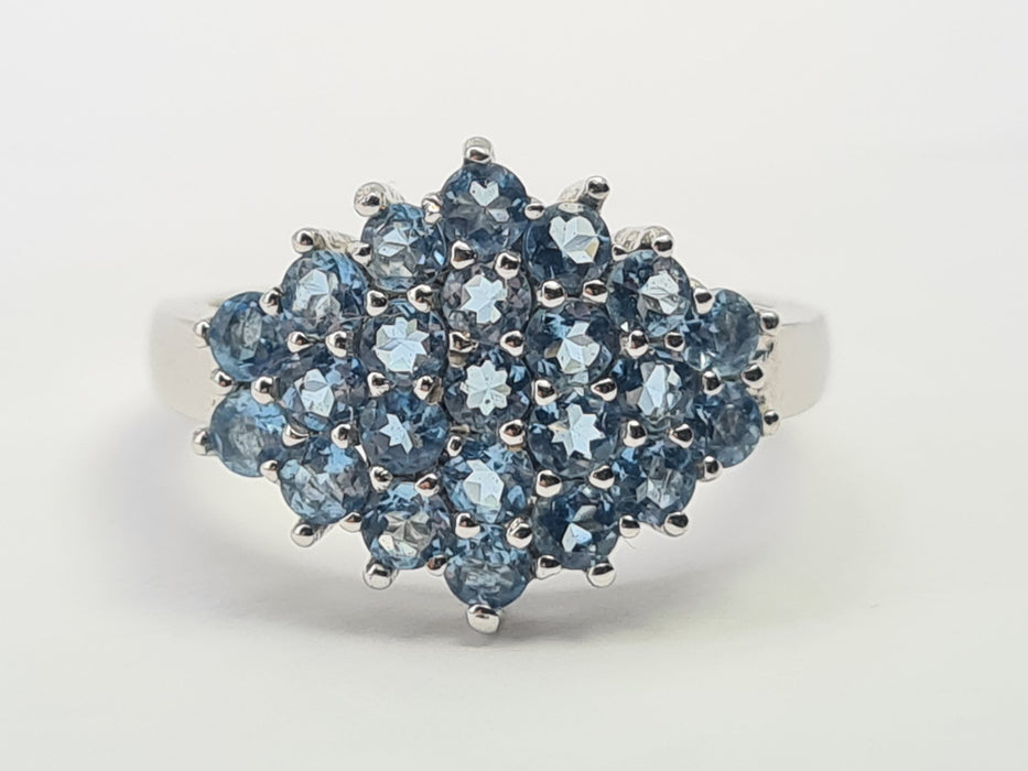 6105: Vintage & Rare: 9ct White Gold 23 Blue Aquamarines geometric Set Cocktail Ring
