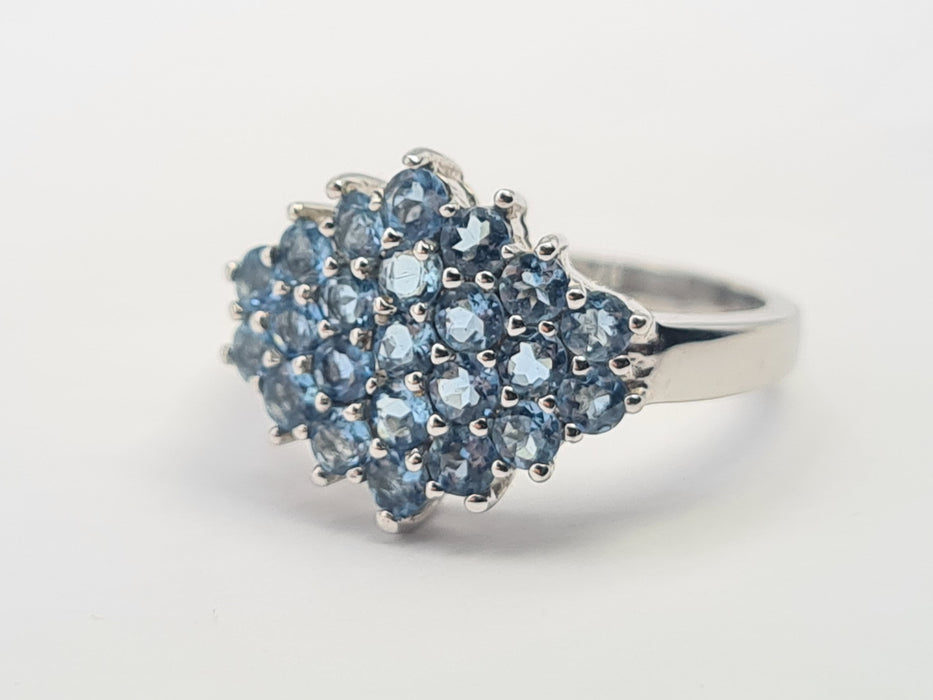 6105: Vintage & Rare: 9ct White Gold 23 Blue Aquamarines geometric Set Cocktail Ring