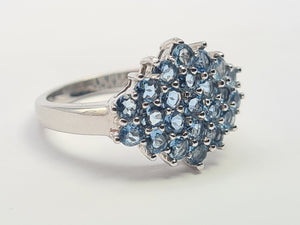 A7697: Vintage & Rare: 9ct White Gold 23 Blue Aquamarines geometric Set Cocktail Ring- a sensation