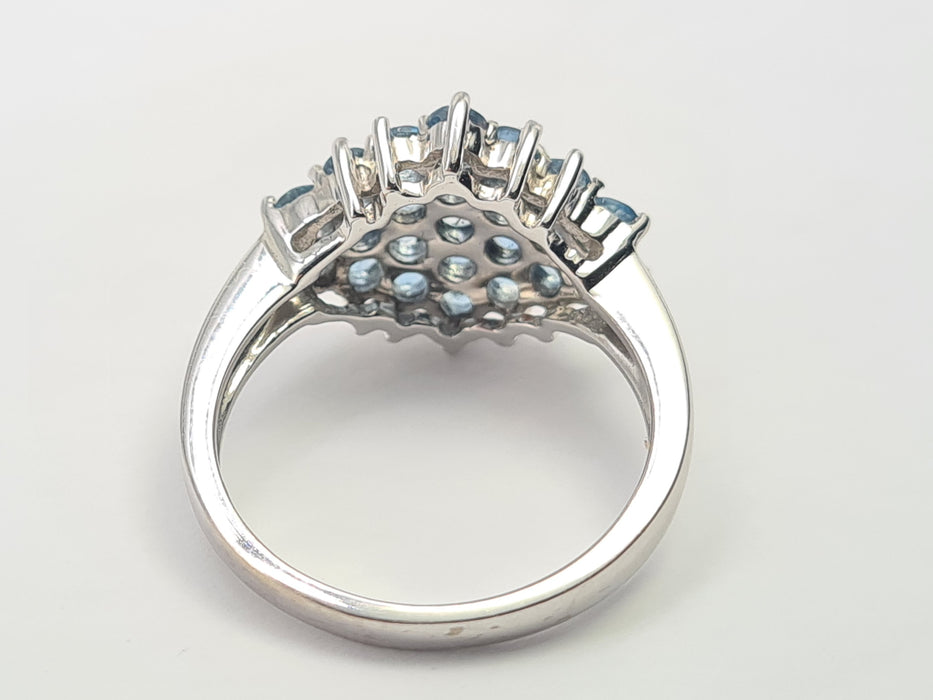 6105: Vintage & Rare: 9ct White Gold 23 Blue Aquamarines geometric Set Cocktail Ring