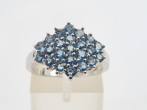 A7697: Vintage & Rare: 9ct White Gold 23 Blue Aquamarines geometric Set Cocktail Ring- a sensation