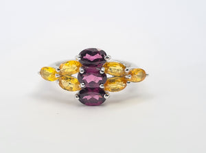 7700: Vintage: 9ct Gold Yellow Sapphires Mulberry Purple Tourmalines Cocktail Ring- WOW