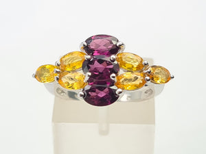 7700: Vintage: 9ct Gold Yellow Sapphires Mulberry Purple Tourmalines Cocktail Ring- WOW