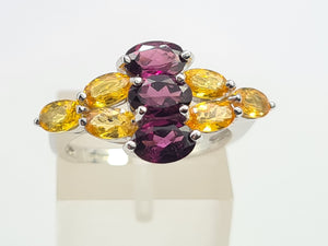 7700: Vintage: 9ct Gold Yellow Sapphires Mulberry Purple Tourmalines Cocktail Ring- WOW