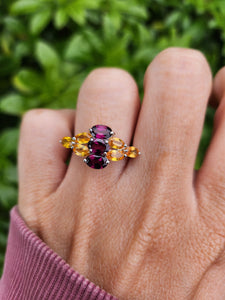 7700: Vintage: 9ct Gold Yellow Sapphires Mulberry Purple Tourmalines Cocktail Ring- WOW