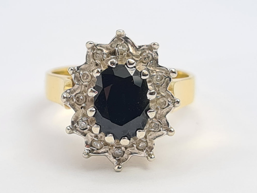 7705: Vintage: (1973) 18ct Gold Australian Blue Sapphire 12 Diamonds Diana Cluster- 51 years old, fine example