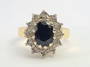 7705: Vintage: (1973) 18ct Gold Australian Blue Sapphire 12 Diamonds Diana Cluster- 51 years old, fine example