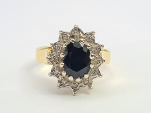 7705: Vintage: (1973) 18ct Gold Australian Blue Sapphire 12 Diamonds Diana Cluster- 51 years old, fine example