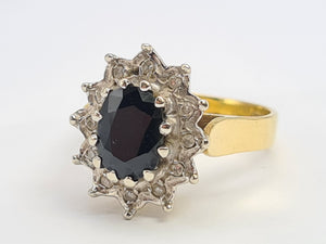 7705: Vintage: (1973) 18ct Gold Australian Blue Sapphire 12 Diamonds Diana Cluster- 51 years old, fine example