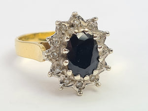 7705: Vintage: (1973) 18ct Gold Australian Blue Sapphire 12 Diamonds Diana Cluster- 51 years old, fine example