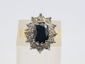 7705: Vintage: (1973) 18ct Gold Australian Blue Sapphire 12 Diamonds Diana Cluster- 51 years old, fine example