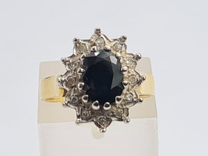 7705: Vintage: (1973) 18ct Gold Australian Blue Sapphire 12 Diamonds Diana Cluster- 51 years old, fine example