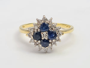 0104: Vintage 18ct Gold French Blue Sapphires Diamonds Geometric Set Ring- Classic, Timeless, lovely