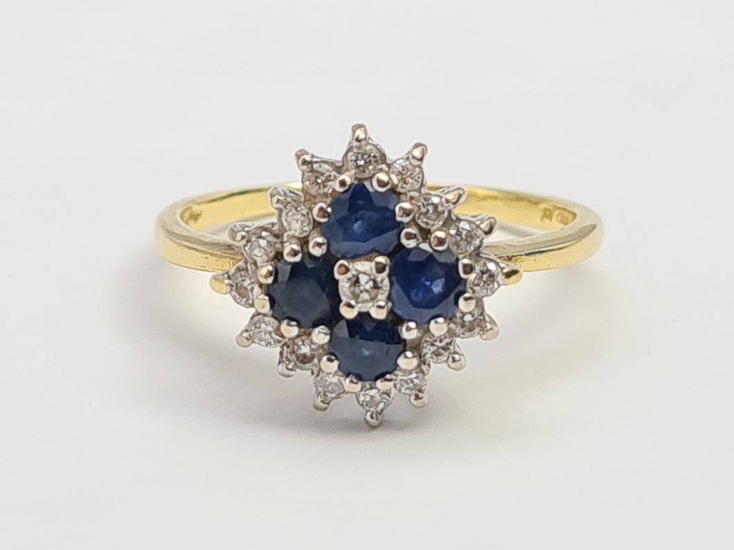 0104: Vintage 18ct Gold French Blue Sapphires Diamonds Geometric Set Ring- Classic, Timeless, lovely