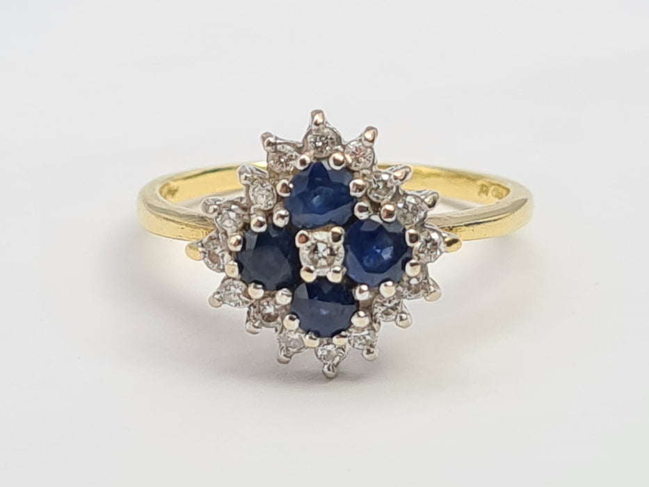 6142 Vintage 18ct Gold French Blue Sapphires Diamonds Geometric Set Ring
