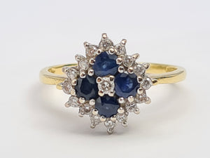 0104: Vintage 18ct Gold French Blue Sapphires Diamonds Geometric Set Ring- Classic, Timeless, lovely