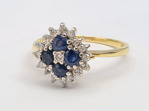 0104: Vintage 18ct Gold French Blue Sapphires Diamonds Geometric Set Ring- Classic, Timeless, lovely