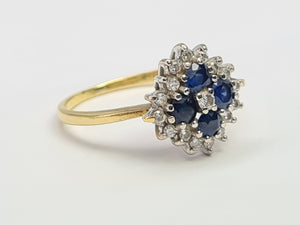 0104: Vintage 18ct Gold French Blue Sapphires Diamonds Geometric Set Ring- Classic, Timeless, lovely