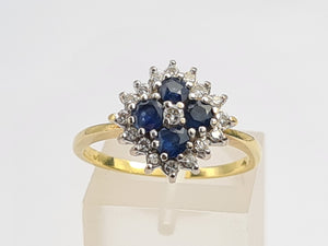 0104: Vintage 18ct Gold French Blue Sapphires Diamonds Geometric Set Ring- Classic, Timeless, lovely