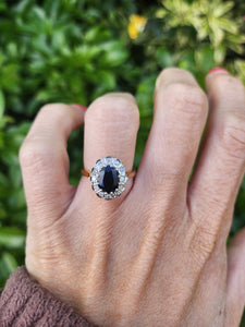 A7656: Vintage; 18ct Gold French Blue Sapphire 14 Diamonds Cluster Ring-neat, petite, sparkly